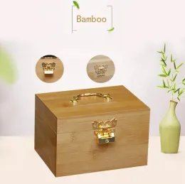 Kutular Bambu Ahşap Piggy Bank Hazine Sandığı Kilit Para Kutusu ile Para Kılıfı için Tasarruf Retro Mücevher Aksesuarları Dekorasyon