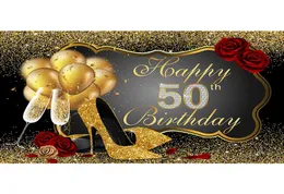Wszystkiego najlepszego z okazji 50. urodzin drukowane złote balony wysokie obcasy szampana konfetti czerwone róże niestandardowe po stocie tło 3283790