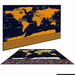 Pinturas Mapa de viagem de luxo com bandeira nacional - Mundo personalizado Scratch Off Foil Layer Revestimento Poster de arte de parede como presentes Drop D Dhq9r