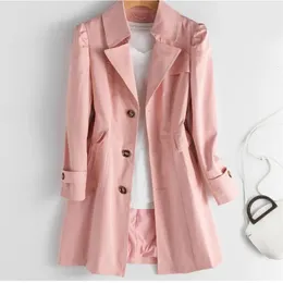 Spring Autumn Trench Coat med foder ol Ladies Coats Elegant Slim Long Women Windbreaker Solid Casual Outwear Femme 240228