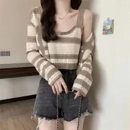 ثياب العمل المخططة cardigan المحبوك للنساء للنساء التصميم الرغبة النقية في الصيف وملاحظة الخريف مجموعة من قطعتين من سترة الإناث