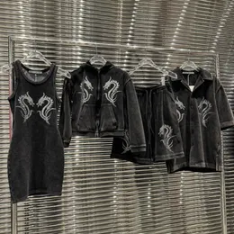 Kadınlar tasarımcı tankı top yeni kadife vintage rhinestone tank üst kayma etek şort ceketi dört parçalı set