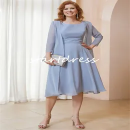Chic Dusty Blue Mother Of The Bride Dresses Elegant Two Pieces Chiffon Wedding Guest Dress With Jacket Elegant Mom Short Formal Evening Dress Groom Mother Party Wear