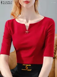 Kadın Bluzları 2024 Zanzea Yaz Tunik Üstleri Moda Katı İnce Fit Gömlek Zarif Kadınlar Çal Bluz Yarım Kol V Yez Blusas Günlük