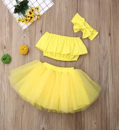 Sommar baby kjol outfit 3pcsset med stort båghårband och rörtopp kortväv kjol barn solid gul färg flicka designer skir6101528