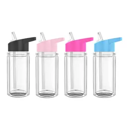 300ml Double-walled Plastic Water Cup with Handle Lid Summer Drinkware Mason Jar Juice Cup with Straw Z11