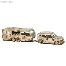 3D Puzzles DIY RV Cars Drewniane łamigłówki Model zabawki dla dzieci bloków składowych do montażu ciężarówki z przyczepą przyczep przyczepem przyczepy kempingowej SUV 240314