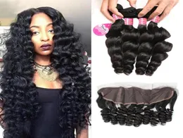 Meetu Loose Wave Human Hair 4 Bundles Wefts med spetsens frontal stängning obearbetad Remy Weave för kvinnor Jet Black 828inch7351501