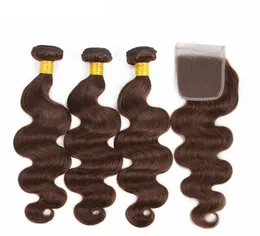 Del spetsstängning med bruna hårbuntar färg 4 choklad medium brun kroppsvåg mänskliga hårväv med 44 toppstängning1029367