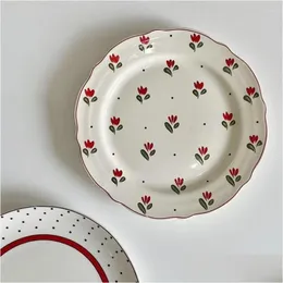 Pratos Pratos Francês Retro Borda Vermelha Placa Flor Padrão Prato Cerâmico Café da Manhã Fruta Salada Pão Bandeja Ocidental Sobremesa Homefavor Dhij1