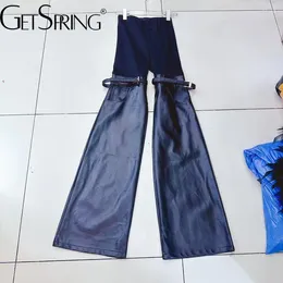 Damenhosen Frauen Capris 2024 Frühling elastische Taille Leder Nähte Gürtel Dekoration Flare Mode lange Hosen