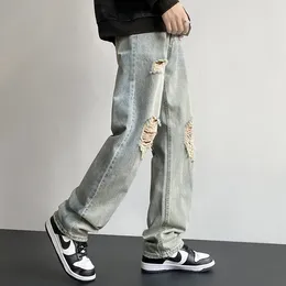 Мужские джинсы High Street Мужские джинсовые старые потертые мужские брюки с дырками Модные широкие брюки в стиле хип-хоп Прямые свободные большие размеры