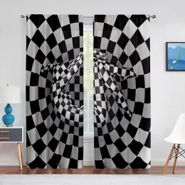 Tende Ragazza nella scacchiera Tenda geometrica in voile trasparente Finestra astratta in bianco e nero Tende in tulle per soggiorno camera da letto