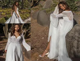 Asaf dadush vestidos de casamento com manga longa jaqueta envoltório vintage rendas de crochê fada flowy chiffon praia boho vestidos de noiva de noiva 2873870