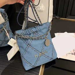 Denim Blue Embroidery Quilted 22 Mini Shopping Bags With Coin Charm Silver Metal Hardware Matelasse Chain Leather Round Strap Crossbody Shoulder Handbags 20x23CM