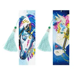 Stitch 2Pcs Horse Diamond Embroidery Leather Bookmark 5D DIY Special Shaped Diamond Painting With Blue Tassels Birthday Gift