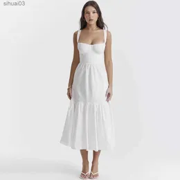 Grundläggande avslappnade klänningar Mingmingxi Högkvalitativ kvinnor Summerklänning 2023 LINEN-Cotton Blend Jacquard Dress Elegant Sexig Slip White Vacation Dress Midil2403