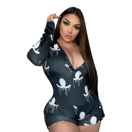 Deigner Print Jumpsuit Homewear Rompers Women Casual V-Neck Bodysuit Shorts Free Ship