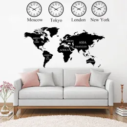 Adesivos Moscou, Tóquio, Londres, Nova York Relógio Mapa do mundo Decalque de parede para decoração de parede de escritório Mural Mapa do mundo Adesivo Arte Decoração de casa LC1236