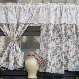 Curtains Pastoral Princess Style Double Layer Semi Blackout Curtains Cotton Linen Blue Floral Cloth + White Tulle OnePiece Design