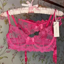 Conjuntos de sutiãs ultra fino laço sexy sutiã conjunto push up mulheres lingerie com briefs terno duas cores rosa flor arco roupa interior