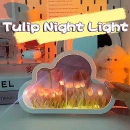 Speglar moln spegel tulpan nattljus diy materialpaket kreativt dekortiv spegel flera färg tulpan lamp sovrum skrivbord prydnad