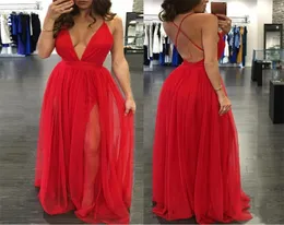 PUMGING V Neck Backless Prom Dress All Red Tulle Floor Length Spaghetti Straps Beach Fashion Cross Bohemian Long Evening Dress Fo9710349