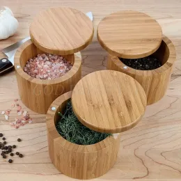 Jars Bamboo Seasonings Box with Lid Pepper Spice Cellars Salt Sugar Storage Container Case for Kitchen Pot Round Jar Drop Shipping