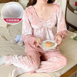 Women's Sleepwear 2024 Winter Long Sleeve Sexy V-neck Gold Velvet Pajama Sets For Women Korean Pyjama Homewear Pijama Mujer Home Clothes