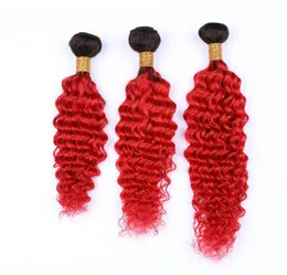 밝은 빨간색 옴 베리 웨이브 묶음 번들 물결 모양의 말레이시아 처녀 머리 3pcs 로트 1bred ombre human hair weaves 확장 어두운 뿌리 4492218