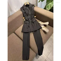 Work Dresses Da Ai Wool Silk Double Breasted Waist Vest Suit Smoke Pipe Trouser Set For Women