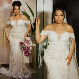 2024 Luxury Mermaid Wedding Dress for Bride Bridal Gowns Off Axla Pearls Pärlade spets illusion Tassel Bröllopsklänningar för afrikanska Nigeria Black Women Girls NW144