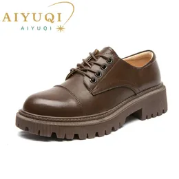aiyuqi women loafers Shoes本物の革の濃厚なかかと学生靴女性レースアップ英国スタイルのレディオックスフォードシューズフットウェア240304