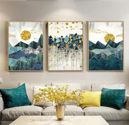 3 Panels Nordic Abstract Geometric Mountain Golden Sun Landscape Wall Art Canvas Oil Painting Poste Print Wall Picture Room Decor9042032