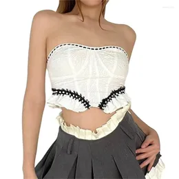 Tanques femininos F42F Mulheres Sexy Strapless Ruched Texturizado Tubo Top Coletes Querida Pescoço Pérola Frisada Ruffle Bottom Bandeau Crop