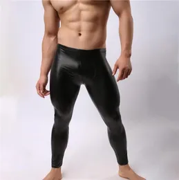 Sexy Men Long Johns undershirt Slim Black Faux Leather Underpants Male Thin Smooth U Convex Gay Fitness Pouch Midwaist Leggings U9085970