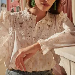 SEZANE ANGELA TOP French 24 Spring/summer New Product Ladies Embroidered Lotus Collar Printed Hollow Loose Cardigan Lantern Long Sleeved Shirt