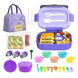 27 pezzi Lunch Box 1300ml Contenitore per alimenti per microonde Bento Box Custodia per salsa Scatola per salsa Cucchiaio Forchetta da frutta per bambini Adulti Thermos da picnic 240304