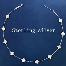 Mini-Halskette mit vierblättrigem Kleeblatt aus Sterlingsilber, 1,0 cm, Designer-Halskette mit 10 Blumen für Damen, eingelegt mit natürlichen Edelsteinen und Muscheln, Premium-Geschenk 040