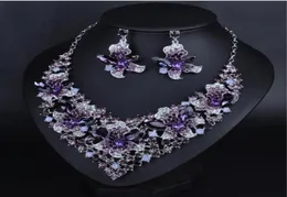 Shinning Purple Pink Blue Crystals Jewelry 2 Pieces Sets Necklace Earrings Bridal Jewelry Bridal Accessories Wedding Jewelry T30142971003