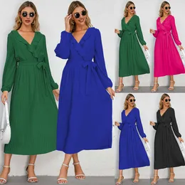 2024 New Ruffled V-neck Sleeve Pleated Long Slim Fit Style Dress for Women