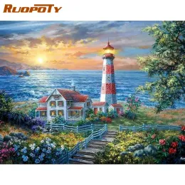 Liczba Ruopoty 40x50 cm malowanie ramek według zestawów liczb dla dorosłych dzieci i latarnia wyspy Lighthouse krajobraz obrazowy obraz ręcznie robiony
