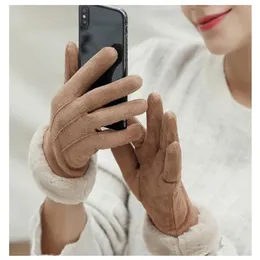 Pięć palców Rękawiczki 1 Pair Woman Winter z puszystą mankietową skórą skórzaną polarową podszewkę termiczne damskie damskie ekran Touch307D