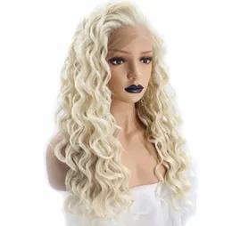 Kinky Curly Platinum Blonde Lace Front Peruka Syntetyczne włosy długie spiralne loki naturalne włosy syntetyczne koronkowe peruki dla białych WO2702455