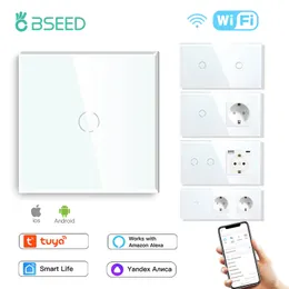 BSEED WiFi Touch Swithces Wall Light Switch med EU Socket USB Typec Plugs Tuya Smart Life Alexa Yandex App Control Glass Panel 240228