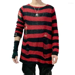 남자 스웨이터 펑크 고딕 쿨한 수컷 줄무늬 긴 스웨터 맨 스트레칭 얇은 풀오버 파손 슬릿 스프링 스프링 니트 탑 점퍼 2024