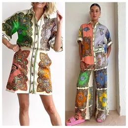 夏の花柄のカジュアルドレス女性デザイナー衣料品ストリートウェア2ピースセットレトロ印刷スタイルルーズスタイルリネンシャツドレス