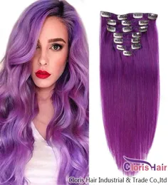 100 estensioni dei capelli umani veri Clip Ins Lila dritti realizzati a macchina Raw Indian Remy spessi 70g 100g 120g Viola Clip In On Weave 1655224