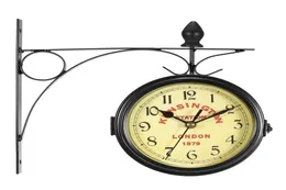 Charminer Vintage Decorative Double Sides Metal Wall Clock 골동품 스타일 스테이션 벽 시계 교수형 Black2077609