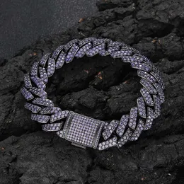 Bracciale da uomo personalizzato di marca cubana alla moda con zirconi viola a doppia fila Hip Hop da 15 mm